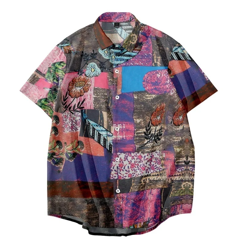 

Harajuku Vintage Turn-down-collar Shirt Streetwear Men Fashion Floral Printed Hawaiian Shirt Short Sleeve Top