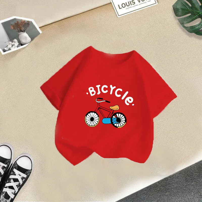 Children's Round Neck Short Sleeve New Boys and Girls Fashion Cartoon Bicycle Printing Trend T-shirt Baby Top Undershirt