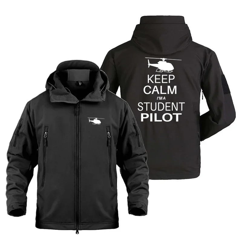 Keep Calm I'm A Student Pilot Helicopter Outdoor Military Men's Flight Pilots Shark Skin Man Coats Fleece Warm SoftShell Jackets