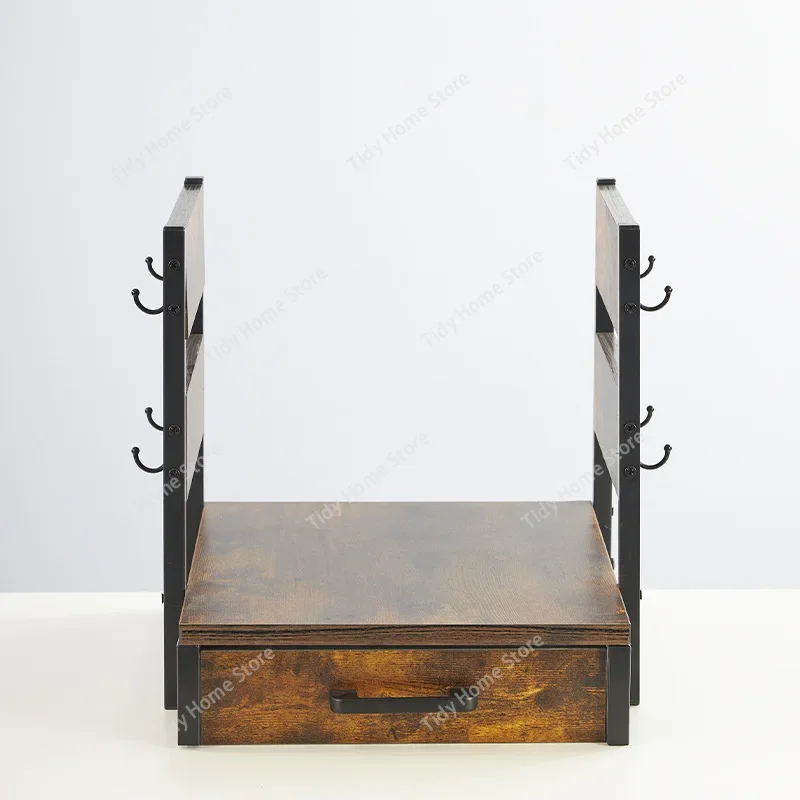 Wooden Coffee Machine Storage Rack Bar American Style Iron-Wood Combination Storage Rack with Drawers and Cup Holder