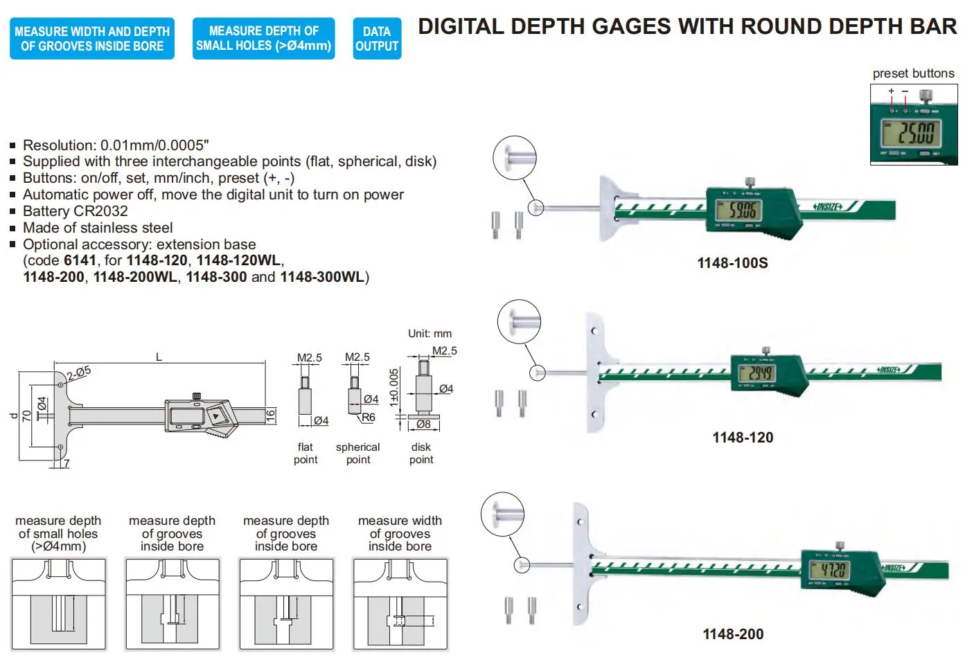 2025 INSIZE 1148-200 measuring range 0-200mm Electronic Depth Gage with Round Depth Bar, 0-200mm/0-8