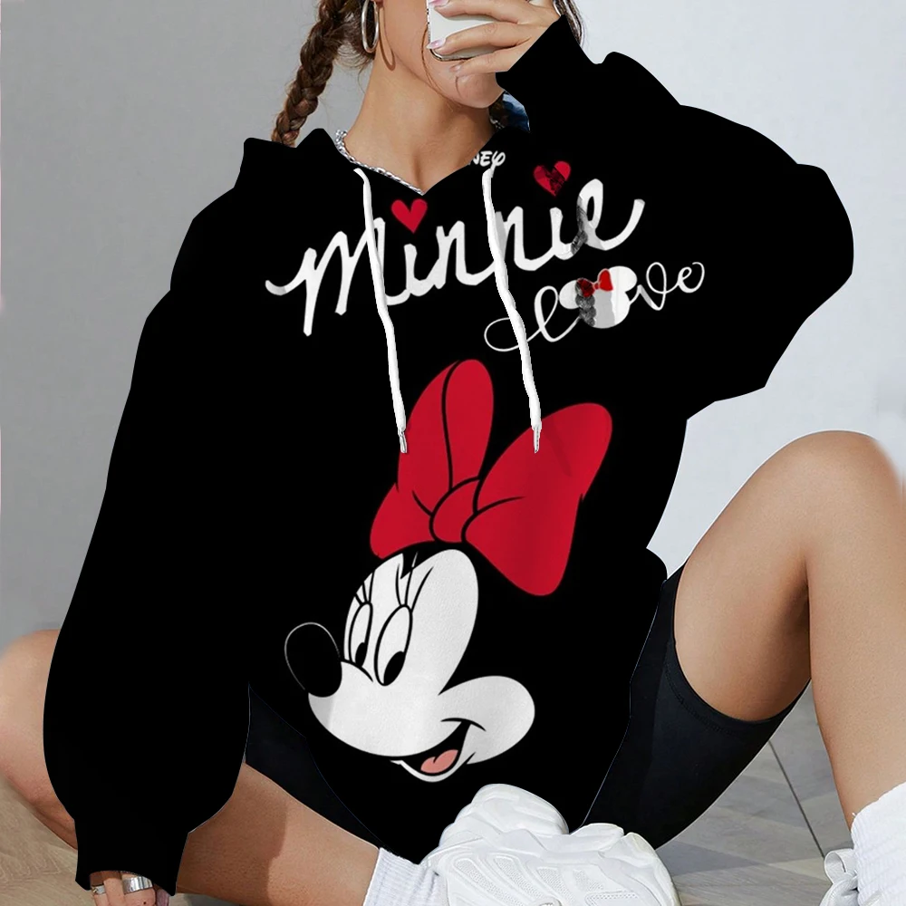 2025 女性の秋のかわいいディズニーミッキーマウスプリントブラックパーカーファッションカップルストリートウェアスポーツウェア