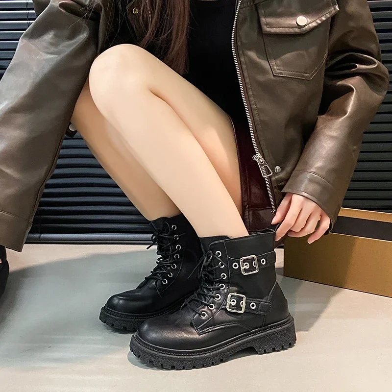 

2025 Ankle Boots Black Square Heel Front Lacing Women New Rock Motorcyccle Boots Big Sizes Platform Women Shoes Zapatos De Mujer