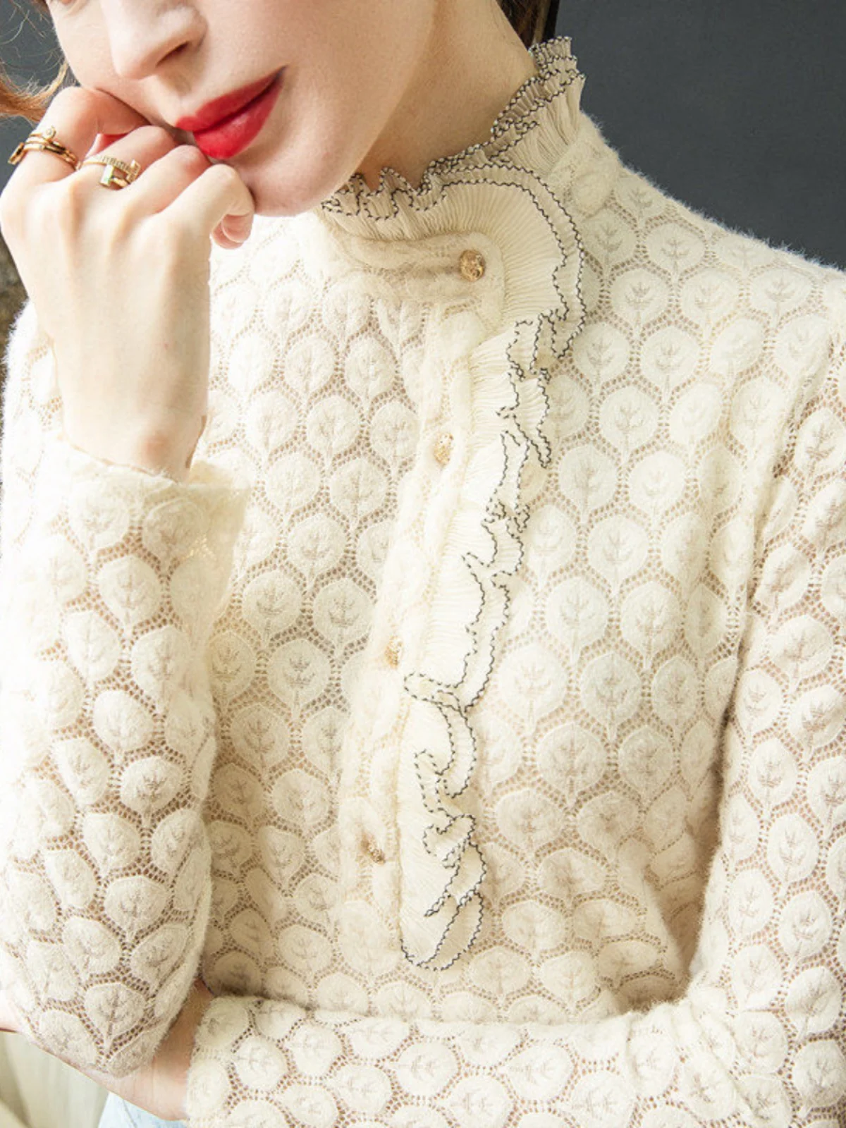 

Ele Sexy Fce Lined High Collar Women's Base irt Inner Wear Autumn Winter Warm Top Ladylike Lace Blouse Commute Sle