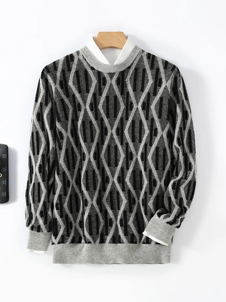 New 100% Merino Wool Pullover For Men O-neck Knit Sweater Diamond patterned Long Sleeves Cashmere Autumn Winter Leisure Clothing
