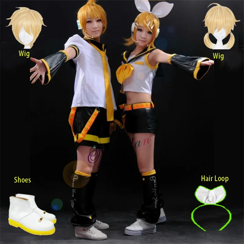 Rin Len Cosplay Sailor Uniform Costume Full Set Shoes Wig Anime Brother Sister Twins Halloween Party Carnival Costume Women Men