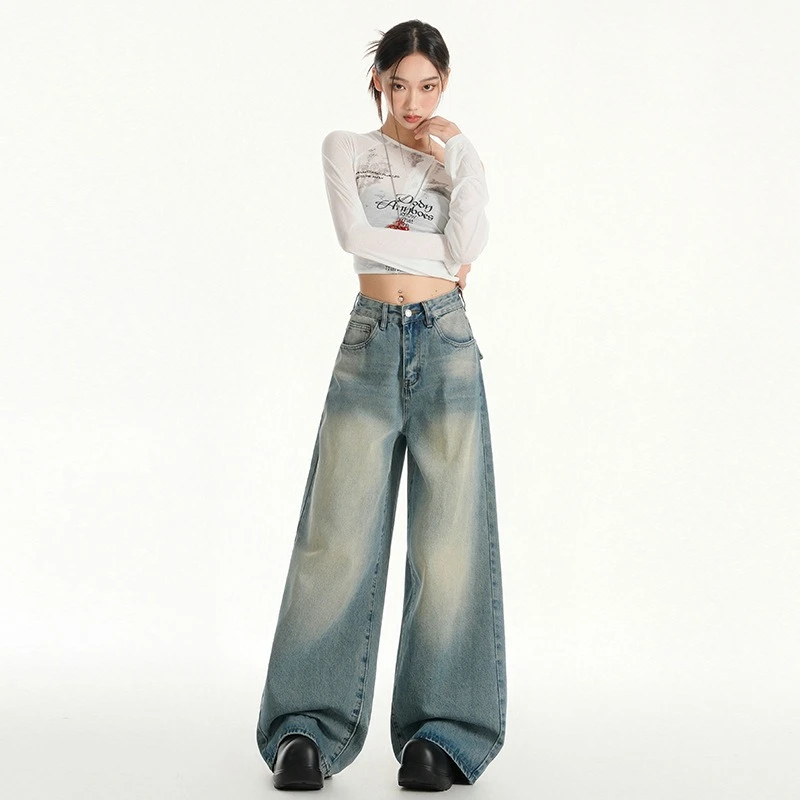 Damen-Hose im Taschen-Design, Retro-Waschung, Distressed, hohe Taille, schlankmachende, weit geschnittene, locker sitzende Denim-Hose in voller Länge