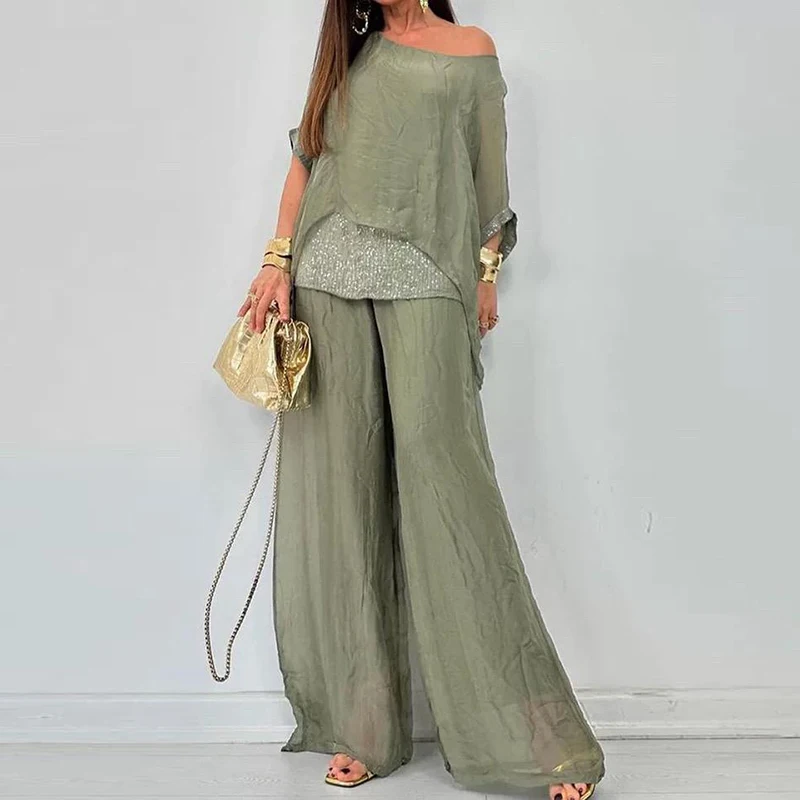 Spring Splicing Sequin Chiffon Set Women Casual Round Neck Top Pullover & Wide Leg Pants Suit Summer Batwing Sleeve Loose Outfit