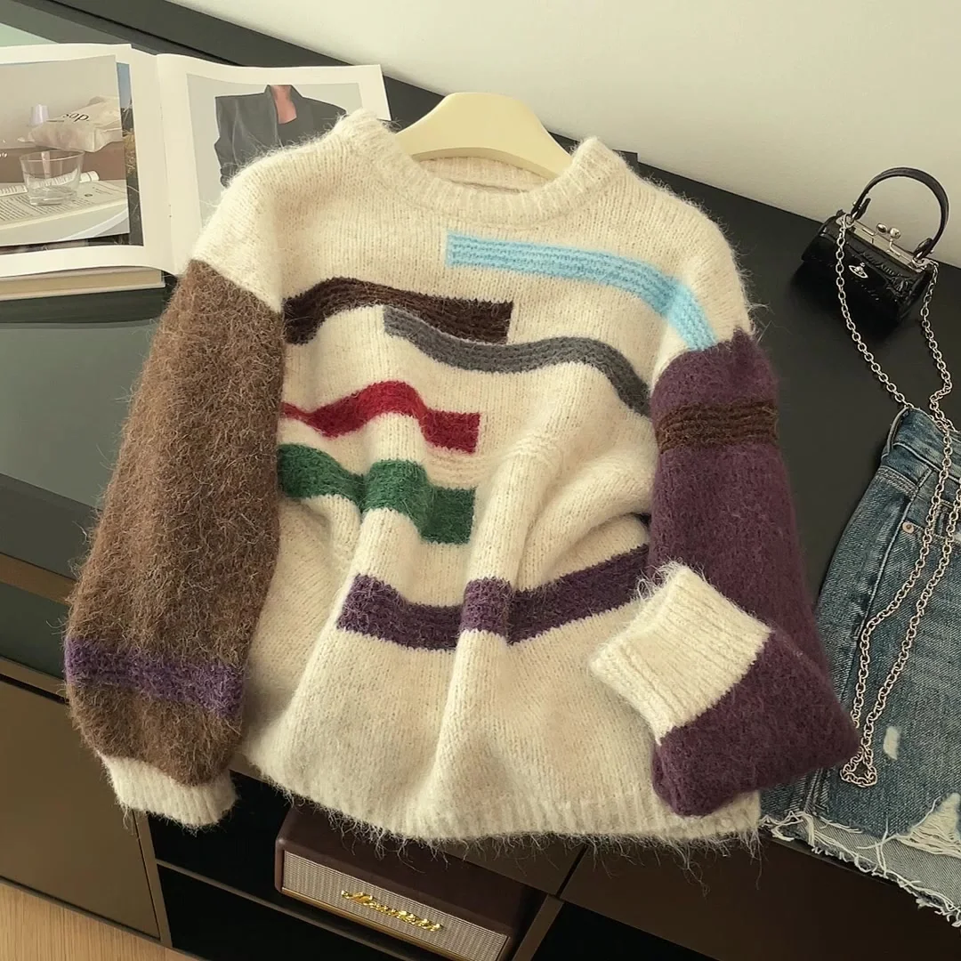 

Женский абрикосовый лоскутный мохеровый пуловер 2000-х годов, винтажный джемпер в корейском стиле, вязаная верхняя одежда, кашемировый свитер с длинными рукавами для женщин