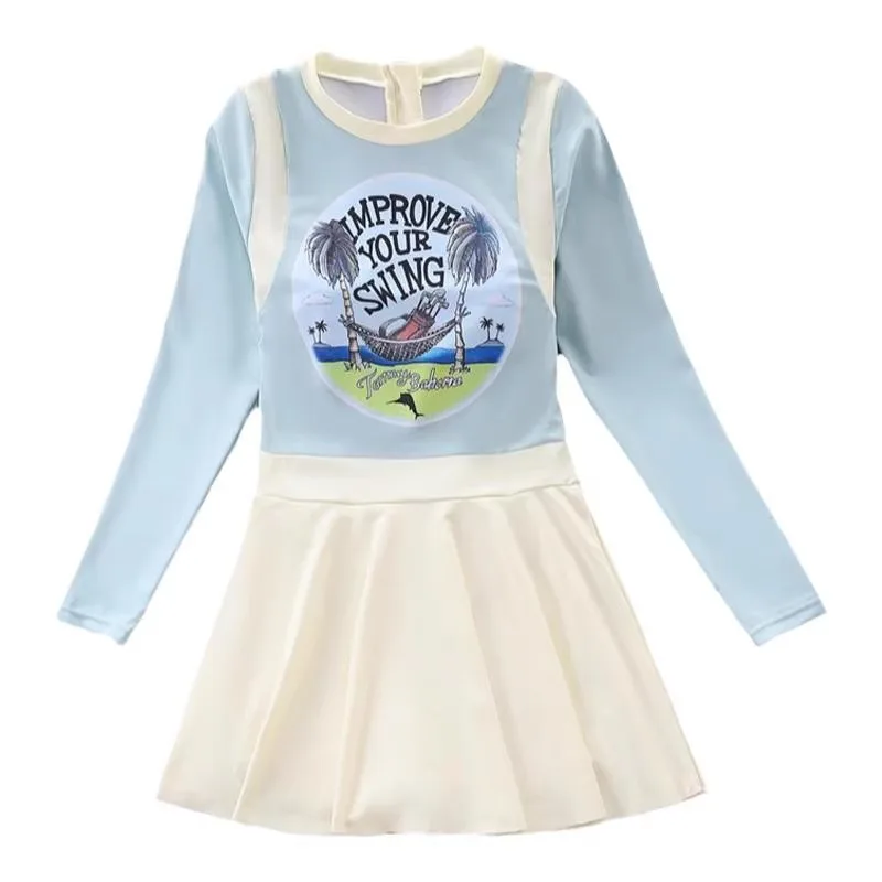 

Girls One Piece Swimsuit Short Sleeve Zipper Swimwear Summer Vacation Skirt with Built-in Shorts BeachWear Rash Guard Swim Dress