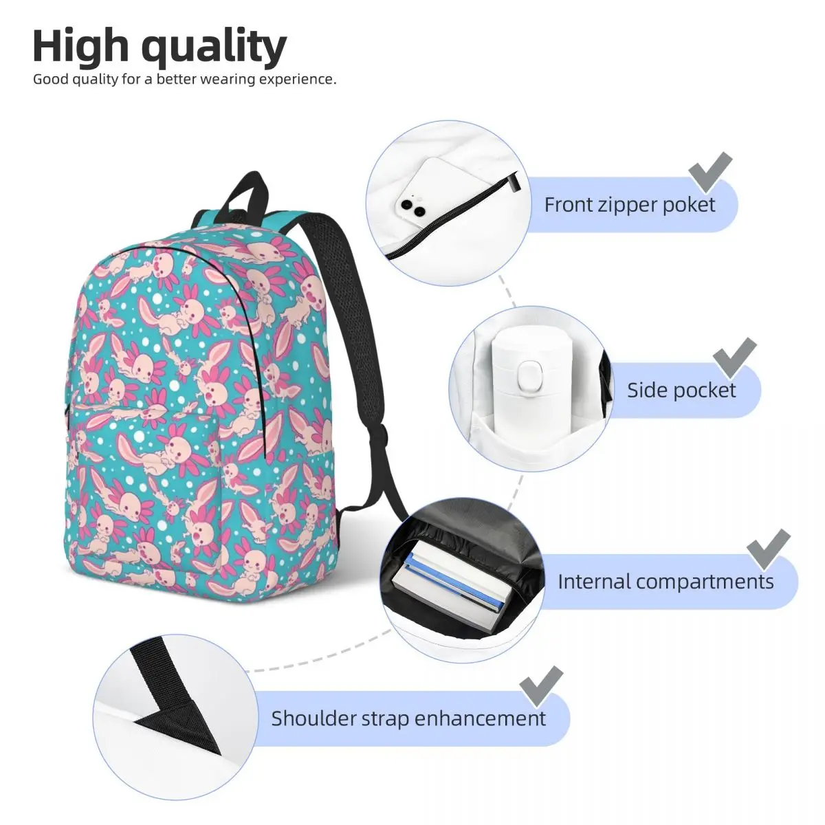 Cartoon Axolotl Cool Backpack Outdoor Student Hiking Travel Daypack for Men Women Laptop Computer Canvas Bags