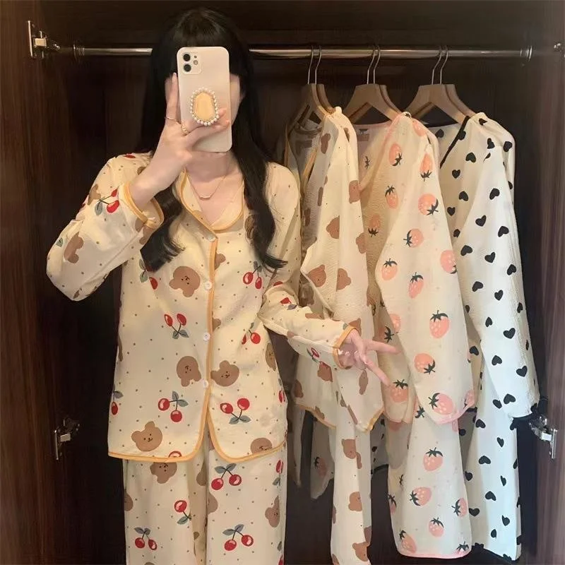 SP&CITY Cartoon Cute Patterned Cotton Long Sleeve Pajamas Suit Women’s Korean Fashion Breathable Sleepwear Spring Autumn Pajamas