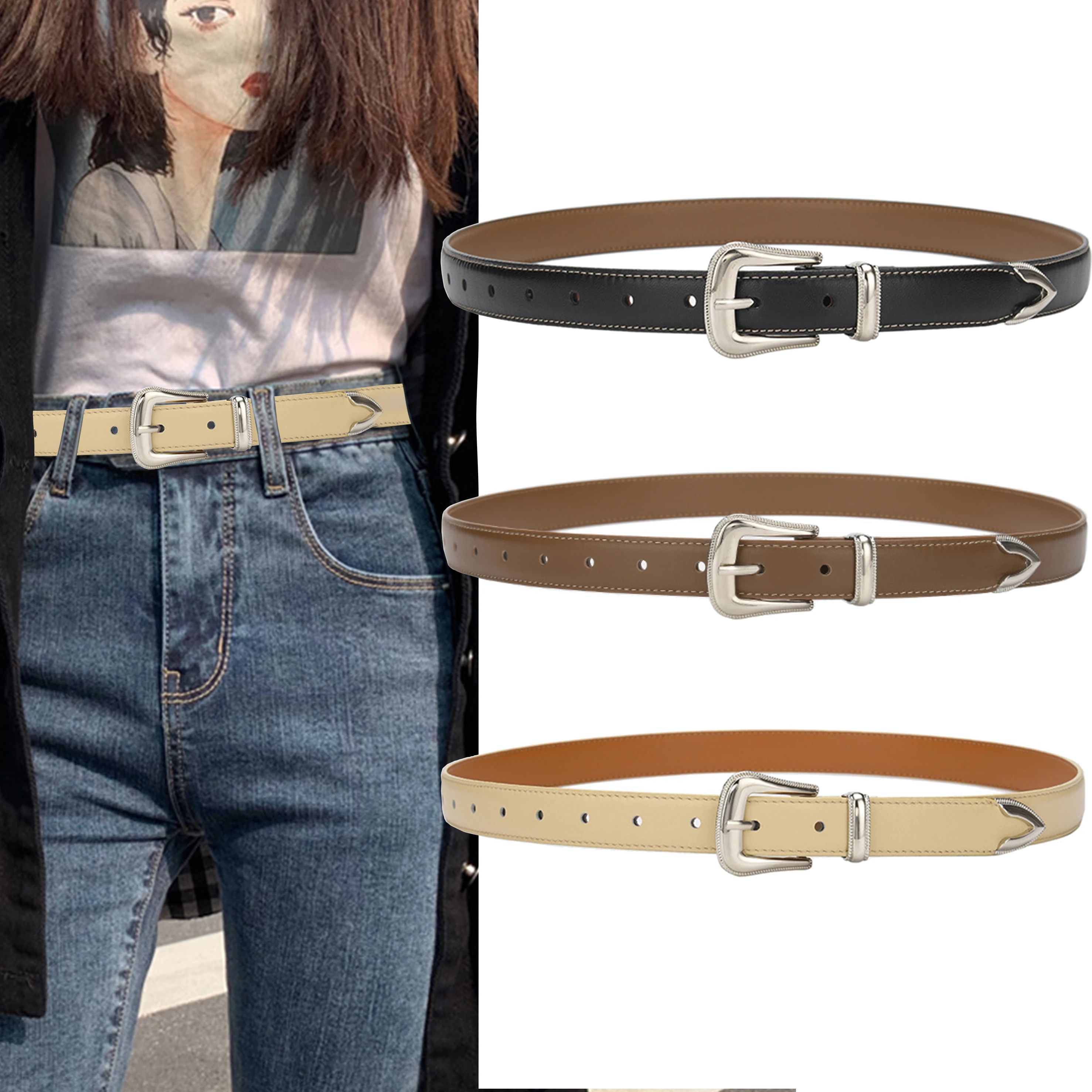 

2.3cm Cowhide Women Belt Vintage Waistband for Jeans Dresses Western Cowgirl Waist Metal Pin Buckle Genuine Leather Waist Strap