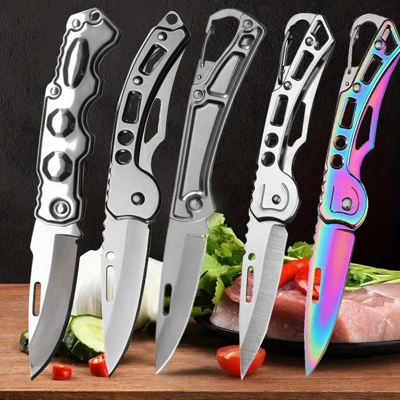 Stainless Steel Folding Knife with Keychain Pocket Knife Multi purpose Fruit Slicing Meat Cleaver Cutting DIY Hobby Knife