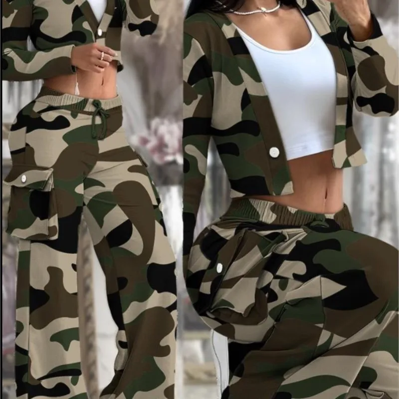Autumn Fashionable And Elegant Solid Color Women\'s Suit Long-sleeved V-neck Short Coat Pocket Wide-leg Drawstring Trousers Suit