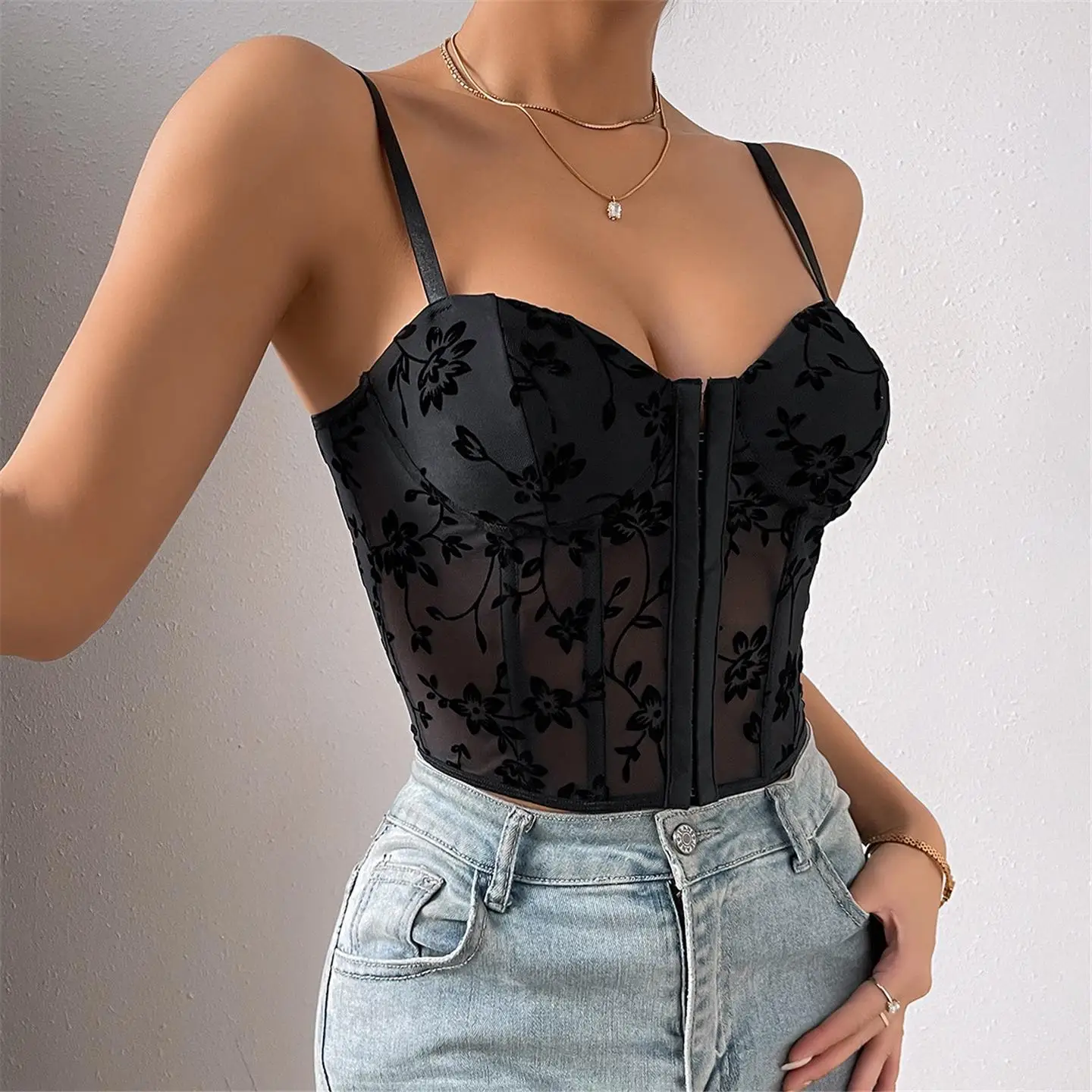 

Sexy Low Cut See tough Lace Crop Top Women's Vest Cross Border Faion Trend Bal Design Ultra ort Length Color