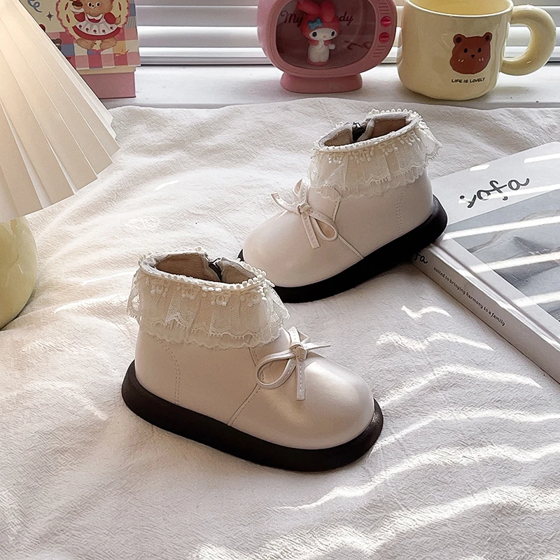 Toddler Girls Lace Trim Ankle Boots 2026 New Winter Kids Warm-lined Boots with Cute Bow Non-slip Princess Party Wedding Footwear
