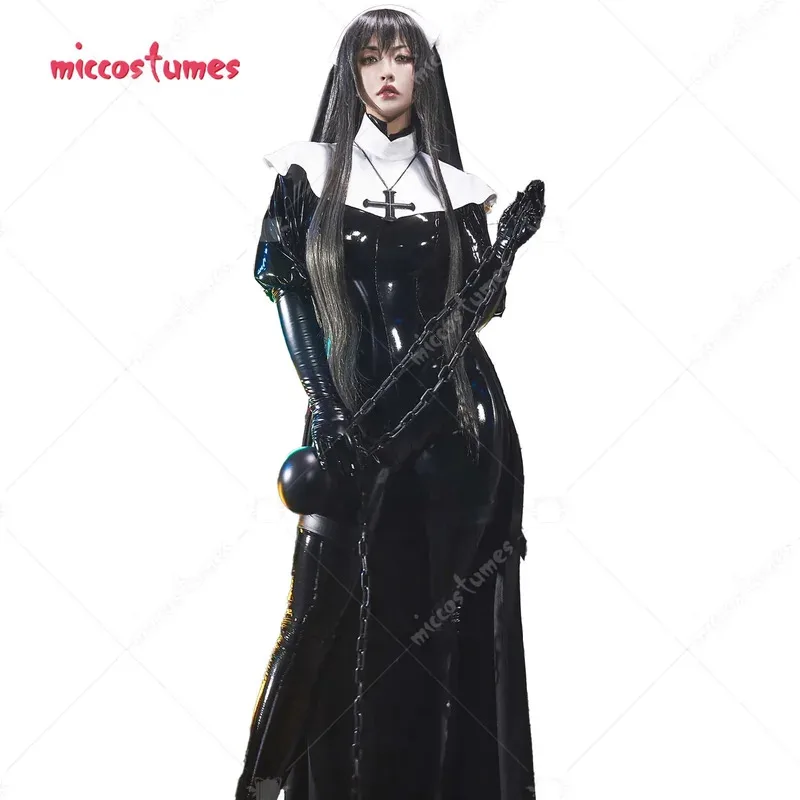 CyMiccostumes x Chowbie, conjunto de lencería Sexy para mujer, disfraz de monja negra, mono con cuello, diadema, collar