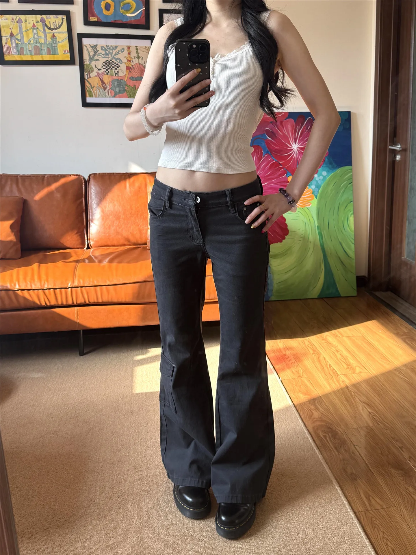 

American High Street Smoke Grey Low Waist Flared Jeans Women's Spring Slimming Tall Extended Workwear Pants Retro Wash Cotton...