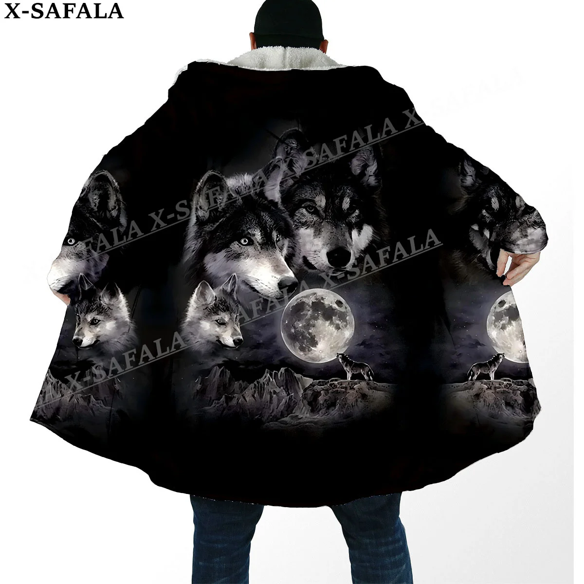 Elegant  Wolf Spirit Totem Arts Thick Warm Hooded Cloak Men Overcoat Coat Windproof Fleece Cape Robe Hooded Blanket-1