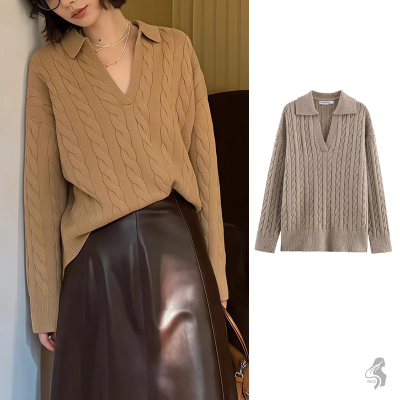 

Vintage Style Cable Knit Polo Sweater for Women Beige V-Neck Long Sleeve Casual Winter Pullover
