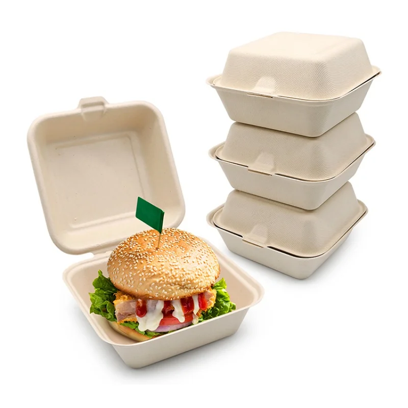 Op Maat Gemaakt Product 6 7 8 Inch Suikerriet Bagasse Pulp Wegwerp Biologisch Afbreekbaar Bruin Lunchvoedsel Hamburger Clamshell Burger Papier B