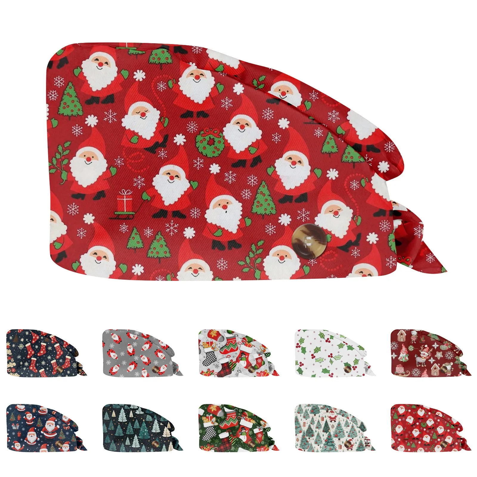 Christmas Print Medical Scrub Cap Nurse Surgical Hat Cotton Tieback Straps Hospital Veterinary Doctor Dentist Skullcap Head Wear