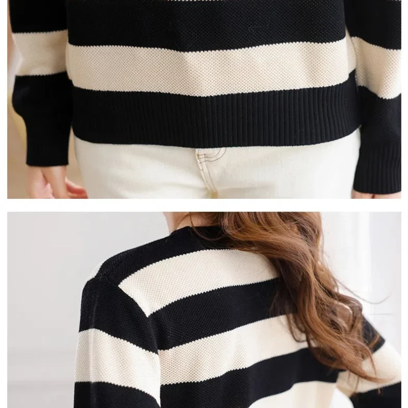 Autumn Winter Crew Neck Women\'s Clothing Pullover Striped Lantern Long Sleeve Screw Thread Sweater Knitted Casual Elegant Tops