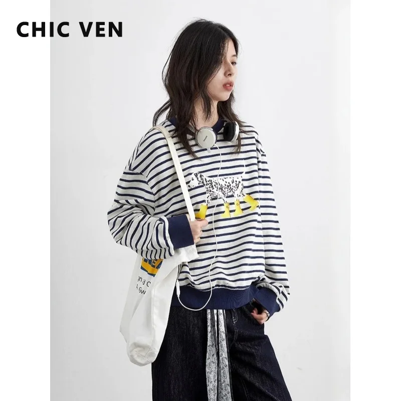 CHIC VEN Neue Frauen T-Shirts Lose Beiläufige Rundhals Gestreiften Hund Drucken Lange Ärmeln Weibliche Tees Pullover Herbst Winter 2025