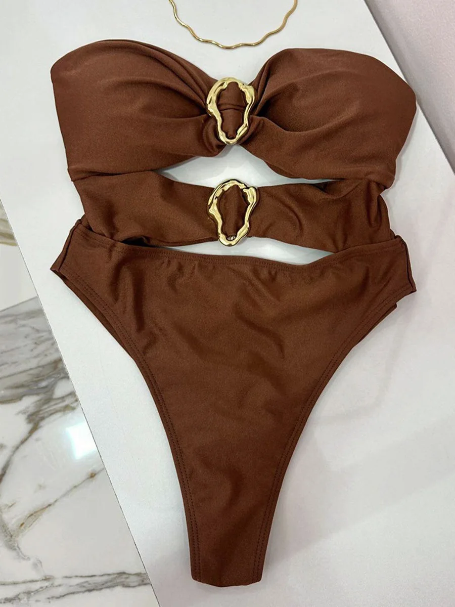 

Metal Ring Hollow Out One Piece Swimsuit Female Swimwear Women Bandeau Monokini High Leg Cut Bather Bathing Suit Swim Beachwear