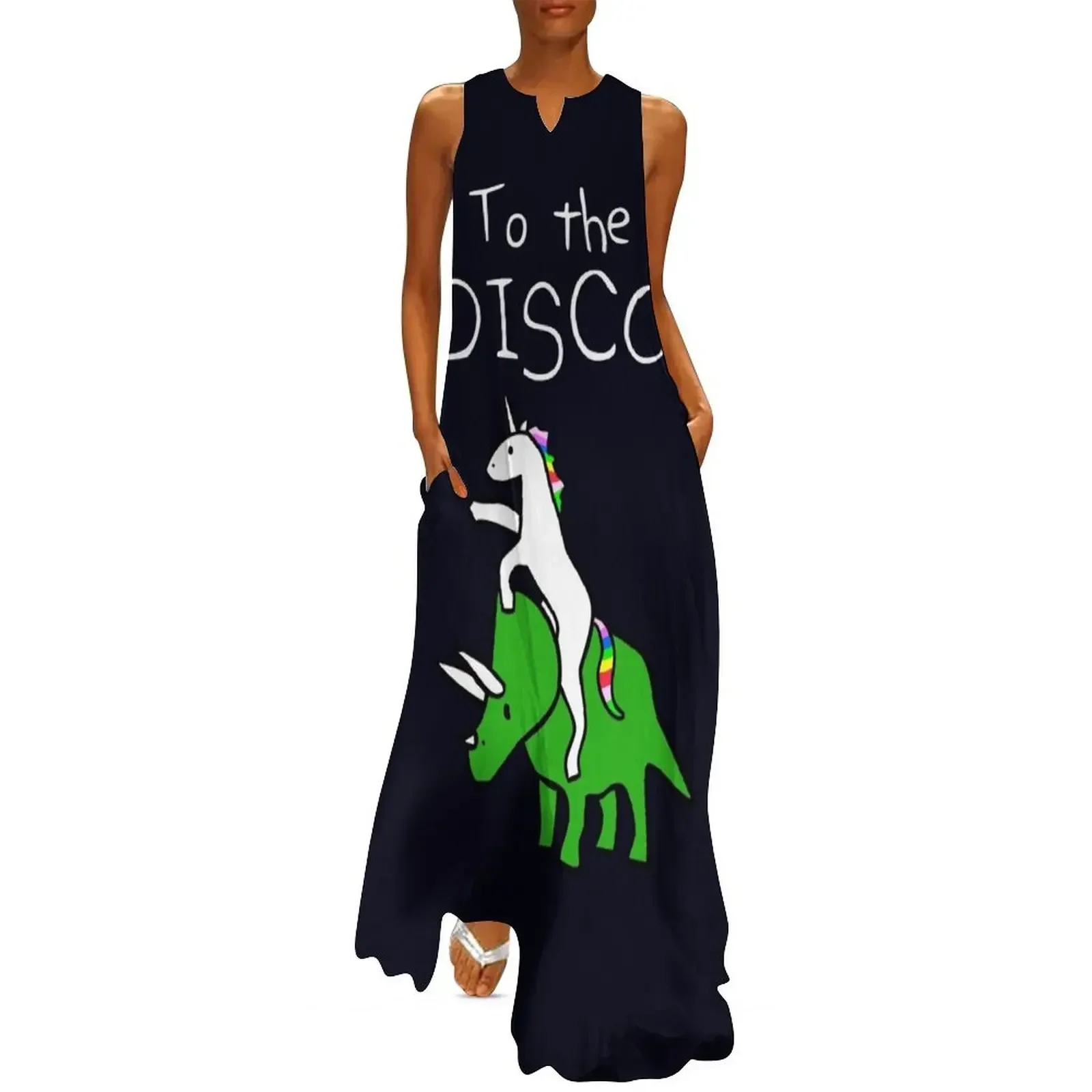 

To The Disco (white text) Unicorn Riding Triceratops Long Dress Dress vintage fairy dress
