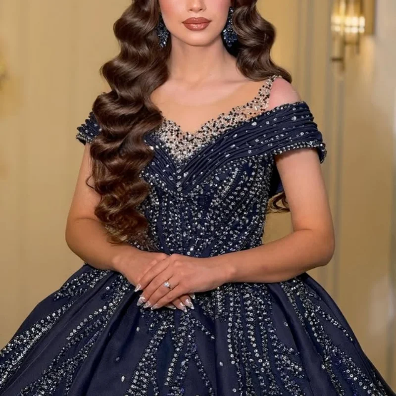 

Customized Shiny dark blue Quinceanera Dresses Off the Shoulder crystal applique Long tail Bow Vestido 15 Quinceaner