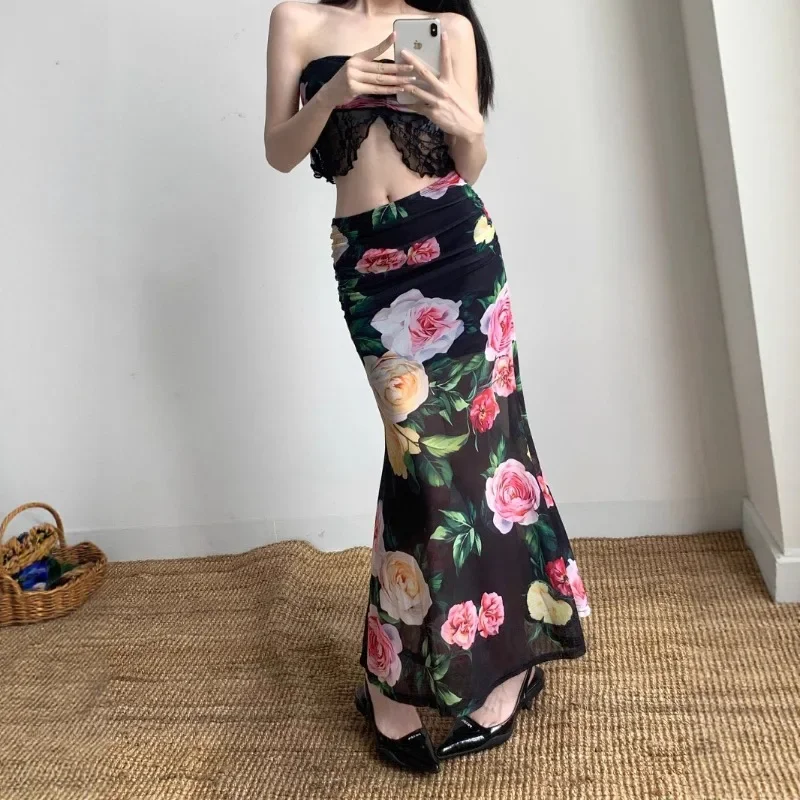 Summer Women'S Flower Print Slim Waist Skirt A Line Flare Trumpet Long Skirts Spice Holiday Dress Casual Vintage Beach Femme