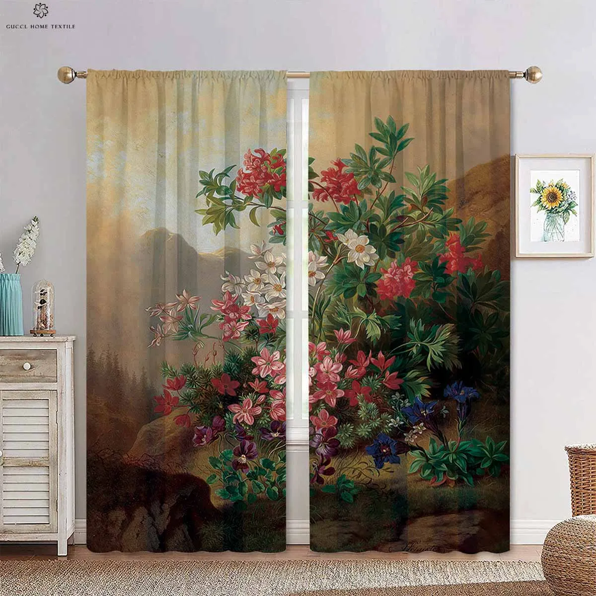 

Flower Oil Painting Printed Curtains Pastoral Wind Rod Pocket Bedroom Living Room Kitchen Decorative Curtains 2 Pieces