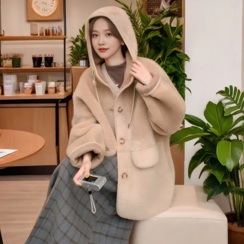 카키색 후드가 달린 양가죽 코트 여성용 겨울 캐주얼 루즈핏 아우터웨어 티-아세테이트 섬유 100% 원단 처리된 제품...