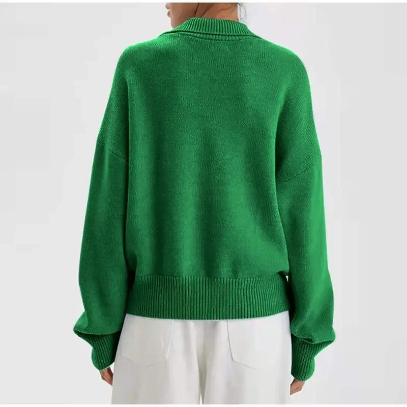 Casual Loose Knitted Sweater Pullover for Autumn/Winter Women\'s Sweaters 2024 New Polo V-neck Long Sleeve Green Shirts Mujer