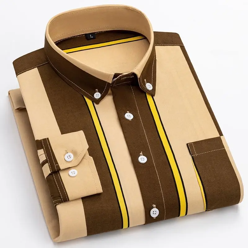True Pocket Men's Long-sleeved Print Striped Summer Non-scalding and Anti-wrinkle High-end Fashion Versatile Trendy Shirt JJ208