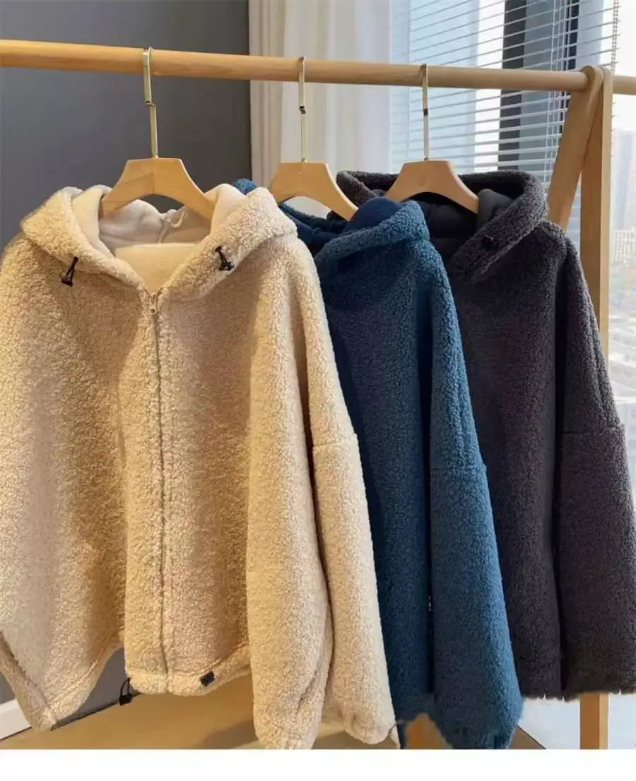 Abrigo de lana de cordero para mujer, cárdigan grueso de lana con capucha holgada, suéter, chaqueta, otoño e invierno