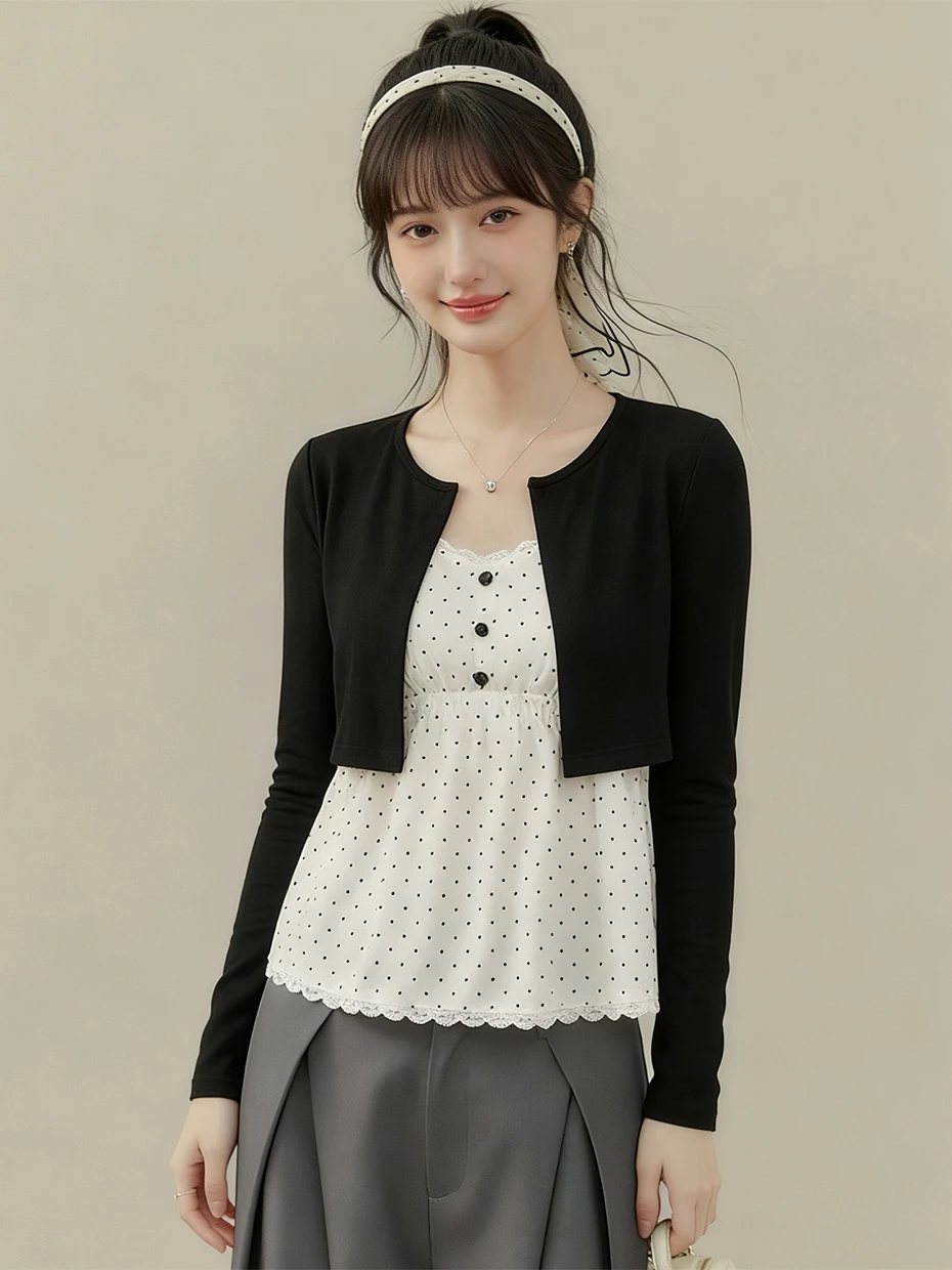 

Polka Dot Knitted Light Weight Women's Outerwear Spring Cardigan Two-Piece Set Top with Strap Dress Cover up Korean Style