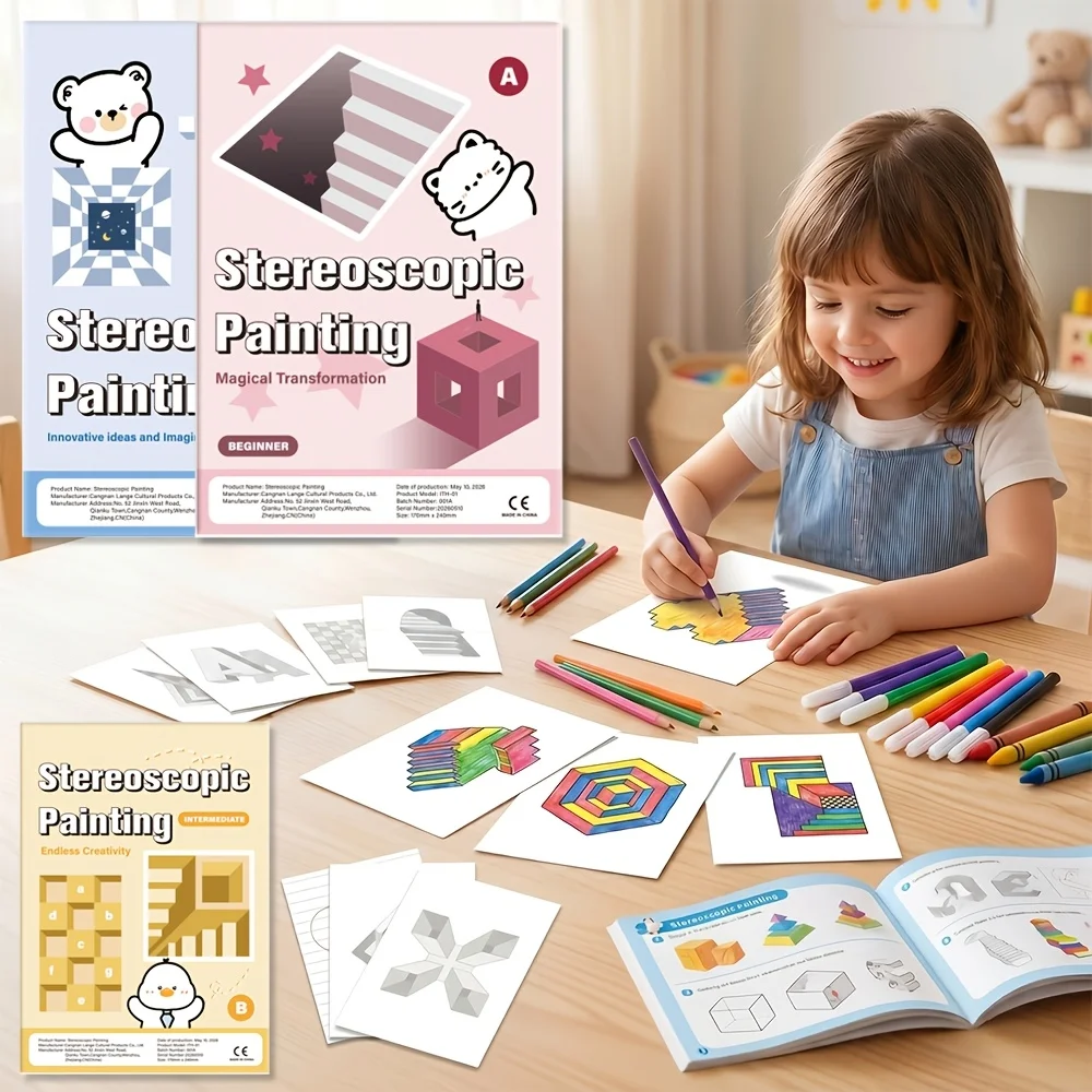 Children's Stereoscopic Painting Book, Optical Illusion 3D Drawing Workbook, Educational Training Art Book for Kids DIY Drawing