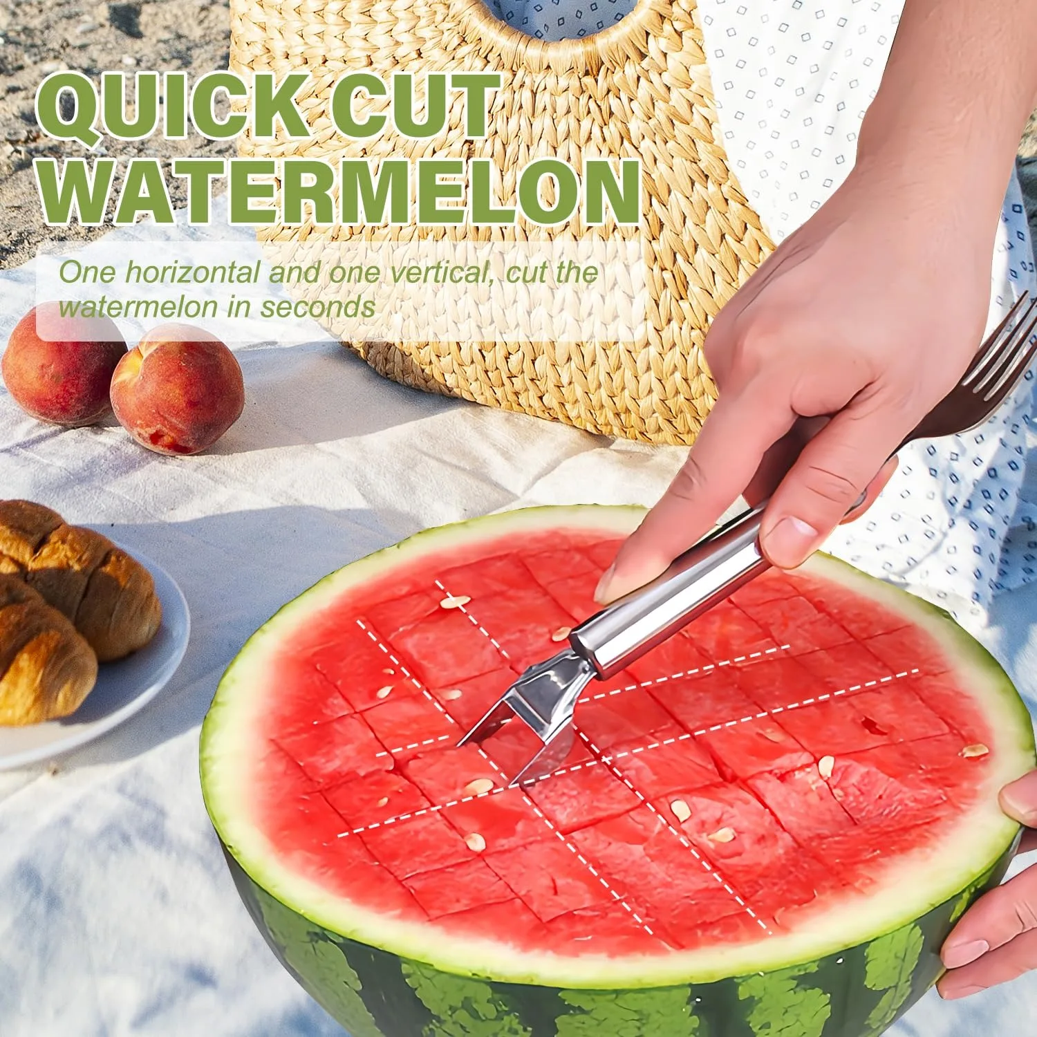 2-In-1 Stainless Steel Fruit Cutter ，2026 New Watermelon Fork Slicer Cutting Tool，Summer Watermelon Cutter Slicer Tool for Home Party Camping Kitchen Gadget (1Pcs)