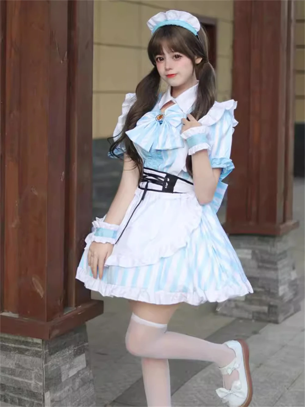 

Japanese Style Sweet Blue White Striped Maid Dress Cosplay Anime Maidservant Uniform Outfits Girl Kawaii Lolita Waitress Costume