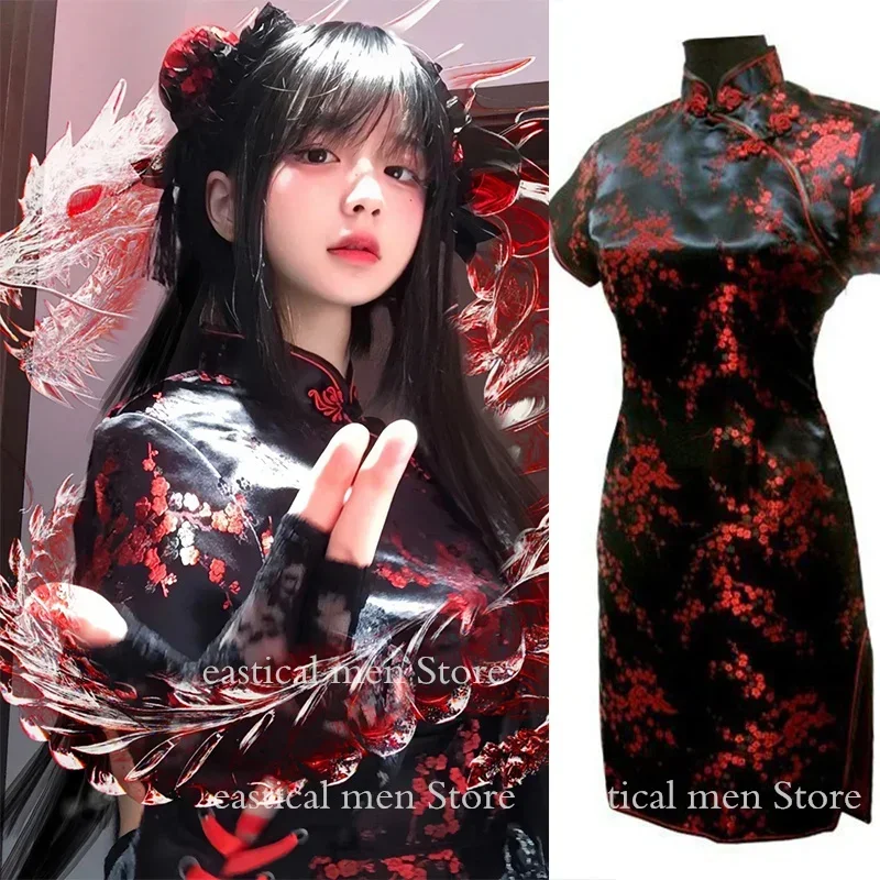 Vestido de sirvienta Lolita para niña, vestido Sexy de estilo chino, Cheongsams de Jacquard con brocado de seda, disfraz corto de Cosplay de Lolita, Mini Vestidos sexys