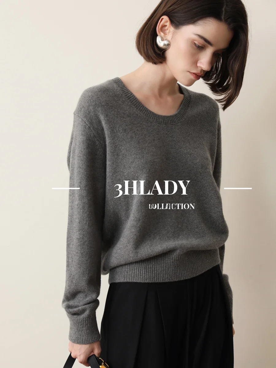 

3HLADY Woolen Sweater Spoon Collar Basic Dye Cusizable Versatile 00% Woolen Winter Faion Ladies' Knitwear
