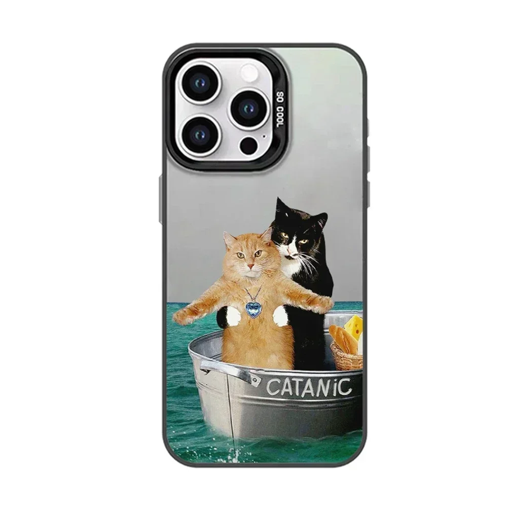 Funny Titanic Cat Phone Case for iPhone 16 11 12 13 mini 14 15 Pro Max XR Xs 8 Plus Dual Layer Hard IMD Plastic Laser Cover