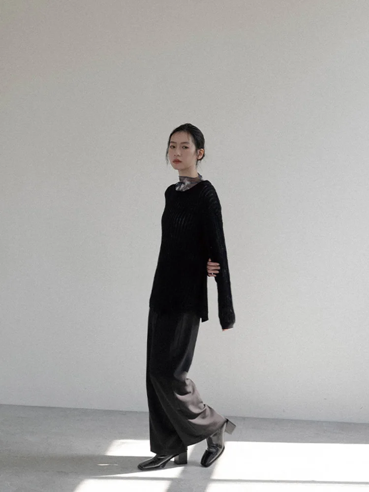 Spring Summer Women's Knitted Wide Version Long Sve Top Hollow out Design Casual Sle Straight Cut A-Line ape Bla