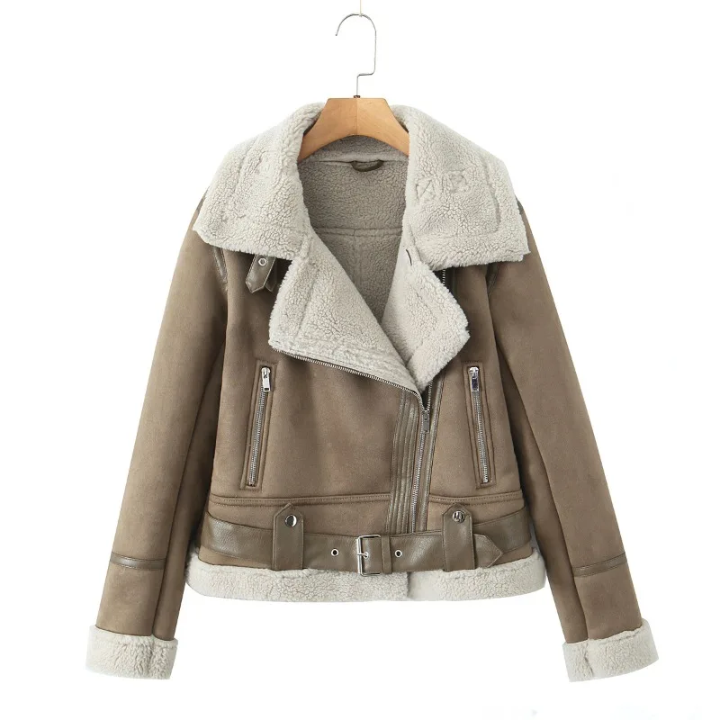 New Autumn Winter Export Suede Thickened Fur One-piece Suit Collar Belt Jacket　turn-down Collar　pure Color　temperament Commuting