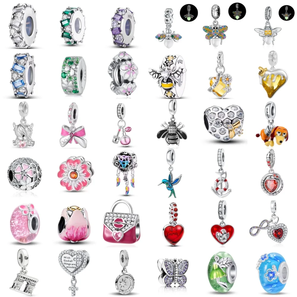 

New 925 Silver Flower Butterfly Bee Puppy Pendant Colorful Isolation Beads, Suitable for Original Bracelets, Jewelry Accessories