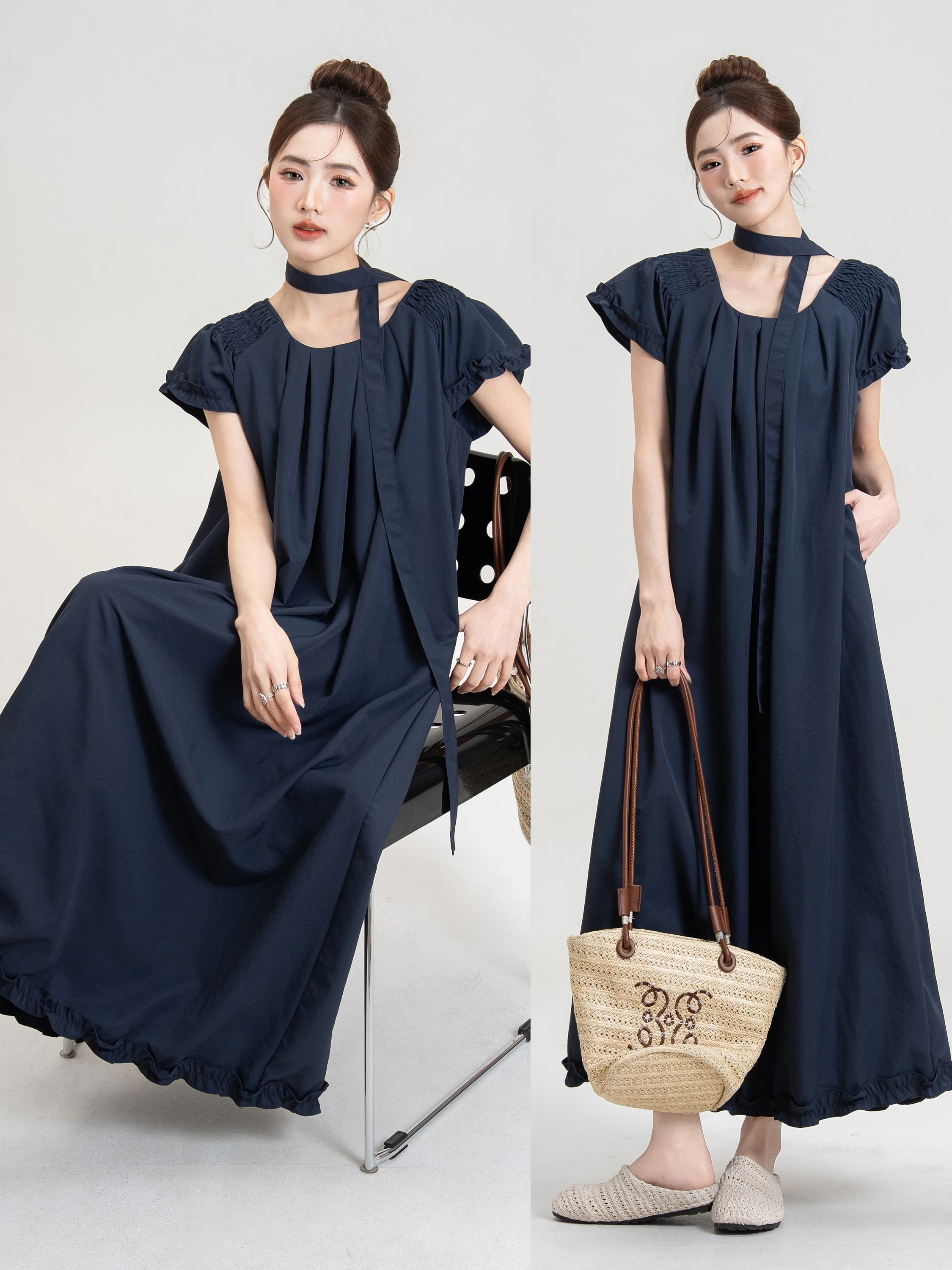 

Оригинальное платье LM Ele Loose Blue Dr для женщин, весна-лето, свободного кроя, длинное, скрывающее недостатки фигуры, стройнящее, А-силуэт, D...