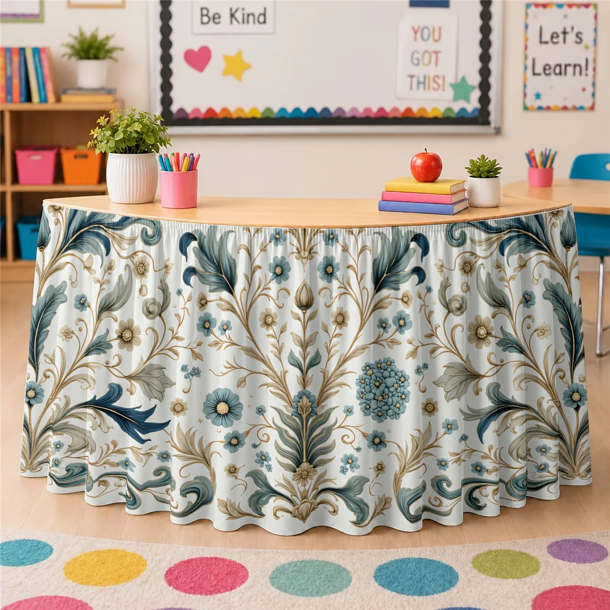 One table skirt with floral vine and plant patterns. Elegant and retro style. Rich and exquisite. Complex and meticulous.